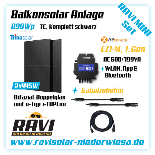 RAVISet Balkonkraftwerk 890Wp Trina glas-glas bifacial n-Typ i-TOPCon, APSystemsEZ1-M 799W, WLAN